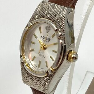 Vtg Nelsonic Diamond Watch Women 19mm Silver Tone Oval Faux Leather New Battery